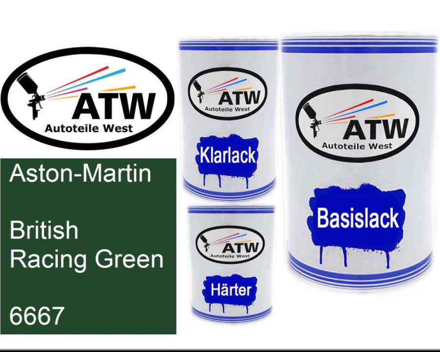 Aston-Martin, British Racing Green, 6667: 500ml Lackdose + 500ml Klarlack + 250ml Härter - Set, von ATW Autoteile West.